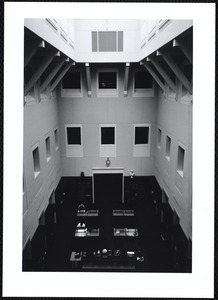 Newton Free Library, Newton, MA. Communications & Programs Office. Atrium shot, interior