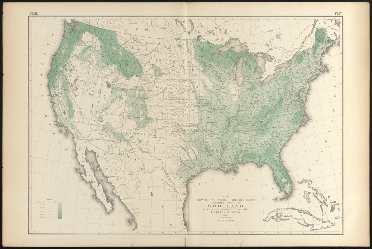 Map showing in five degrees of density the distribution of woodland within the territory of the United States, 1873