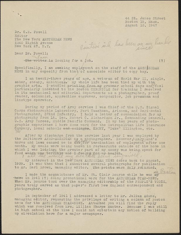 Letter from Jack Miller, Boston, to C. B. Powell, New York, 1947 August 15