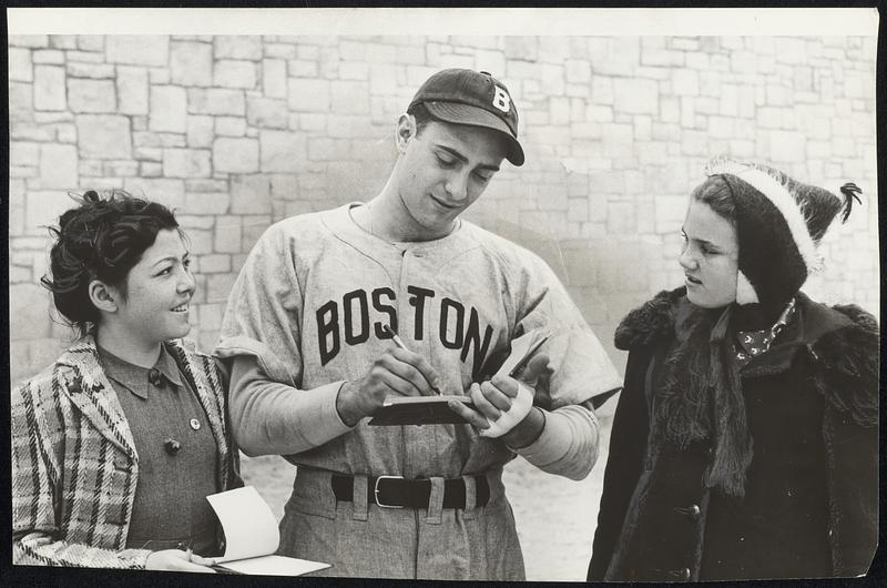 No. 19 D... Sibi Sisti obliges two young ladies of San Antonio who sought his autograph. The Thrilled youngsters are ocie faulk and Carolyn Keuhner, L. to R.