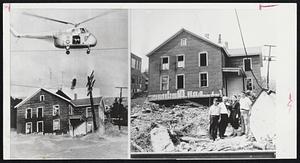 Helicopter Rescue picture at left was taken Aug. 19 in Scranton, Pa., during flood crisis. At right is the same house today, off its foundation and its yard full of rubble. Standing in front are former occupants, Mr. and Mrs. Joseph G. Hungerbuhler with sons J. William and J. Gerald. Mrs. Hungerbuhler was person lifted by helicopter. The family now lives in a Scranton apartment.