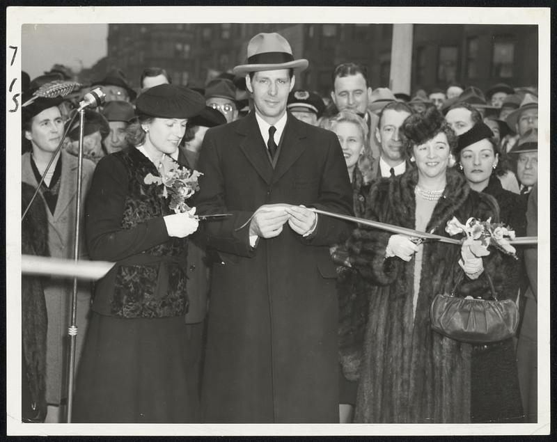 Huntington Ave. Underpass Opening-Mayor and Mrs. Tobin (at left) and Mrs. Charles H. Innes, widow of the Back Bay civic leader, shown at ceremonies today officially opening Charles H. Innes Memorial underpass at Huntington and Massachusetts avenues.