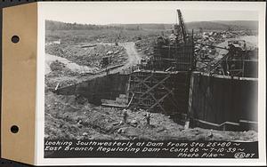 Contract No. 66, Regulating Dams, Middle Branch (New Salem), and East Branch of the Swift River, Hardwick and Petersham (formerly Dana), looking southwesterly at dam from Sta. 25+80, east branch regulating dam, Hardwick, Mass., Jul. 10, 1939