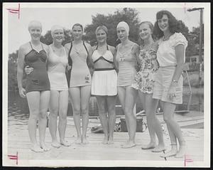 Red Cross Girl Life Guards, who yesterday gave a water safety demonstration at Crystal Lake, Newton. Left to right, Mary Crean, Louise Murphy, Betty Duffy, Charlotte Hill, Peggy Estaver, Sally Larsen and Joan Fitzgerald.