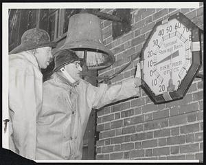 Two Fishermen just ashore at the Fish Pier find that its cold on land, too. Noting the 7 above reading on Fish Pier thermometer are Robert Fitzgerald of Quincy (left) and Dennis Mullins of Jamaica Plain. Bell in background is to warn incoming boats in fog.