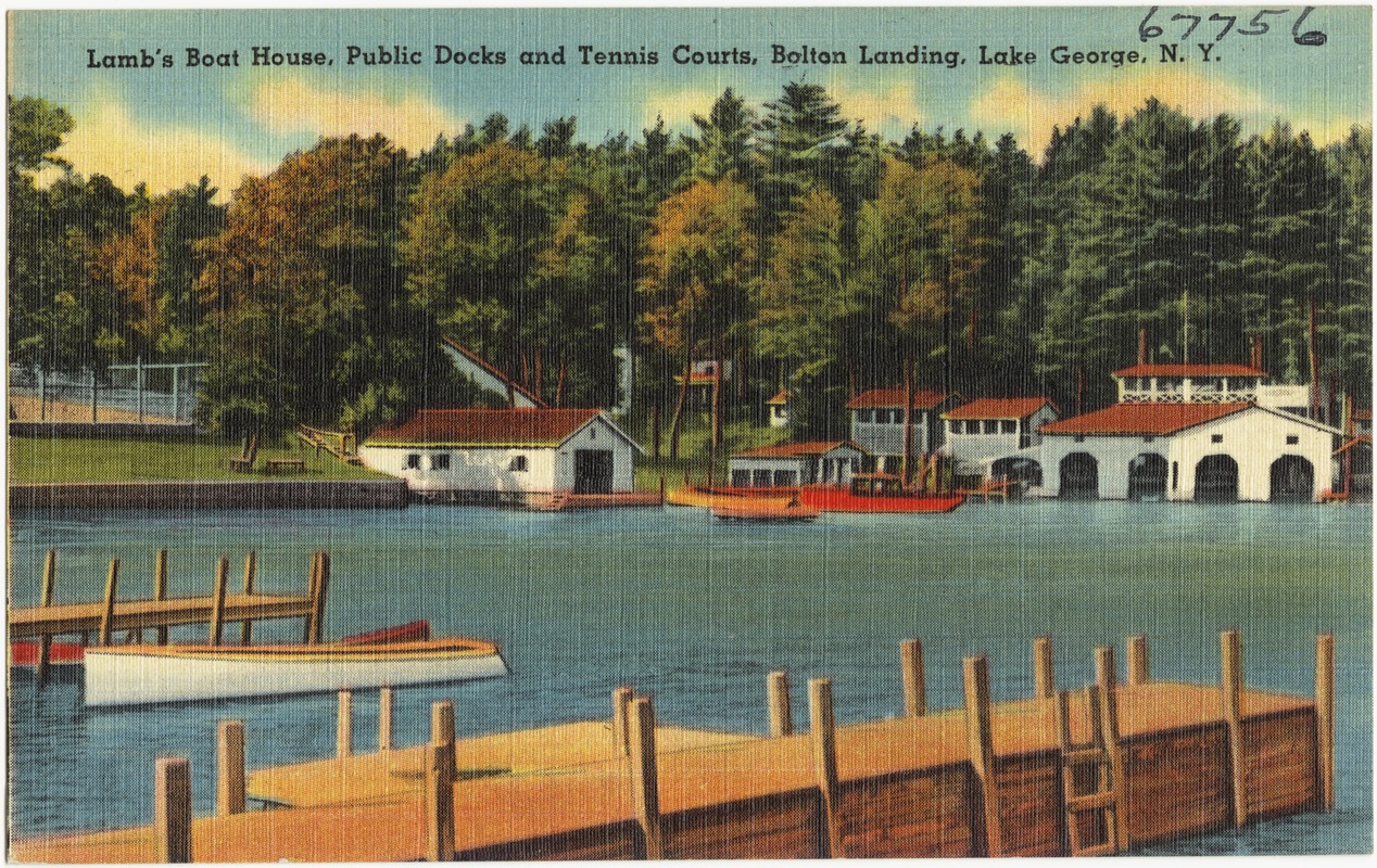 Lamb's boat house, public docks and tennis courts, Bolton Landing, Lake