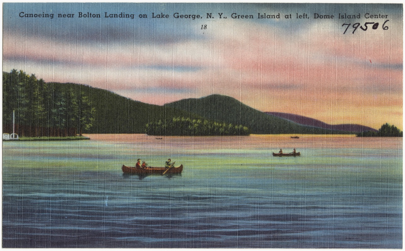 Canoeing near Bolton Landing on Lake George, N. Y., Green Island at left, Dome Island center