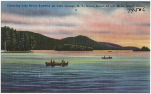 Canoeing near Bolton Landing on Lake George, N. Y., Green Island at left, Dome Island center