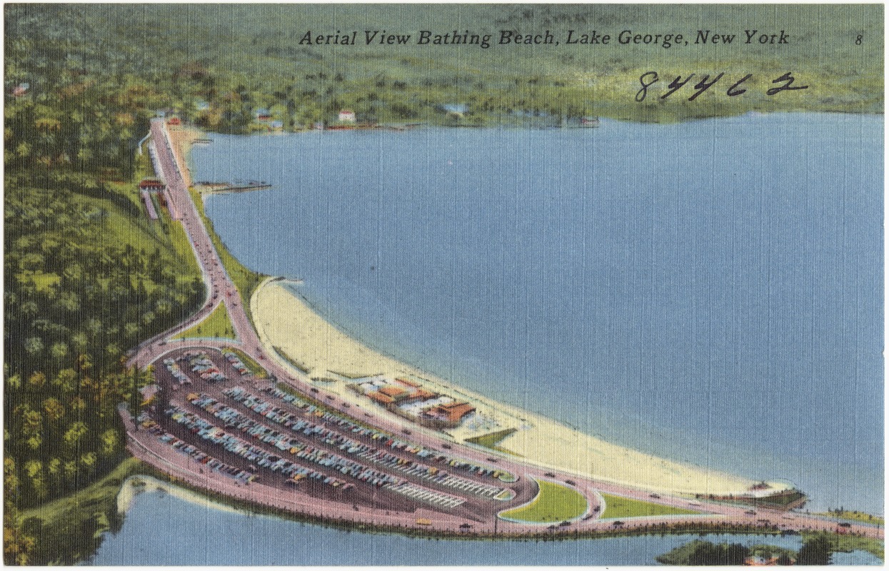 Aerial view bathing beach, Lake George, New York