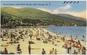 Beach scene from bath house, Lake George, N. Y.
