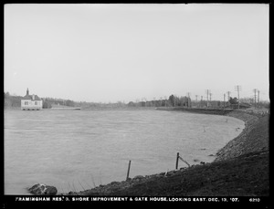 Sudbury Department, Framingham Reservoir No. 3, shore improvement and Gatehouse looking east, Framingham, Mass., Dec. 13, 1907