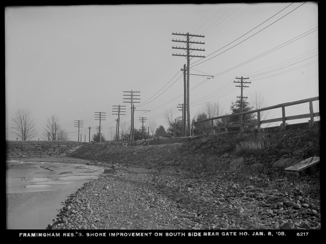 Sudbury Department, Framingham Reservoir No. 3, shore improvement on south side, near Gatehouse, Framingham, Mass., Jan. 8, 1908