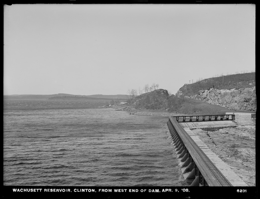 Wachusett Reservoir, view of reservoir from west end of dam, Clinton, Mass., Apr. 9, 1908