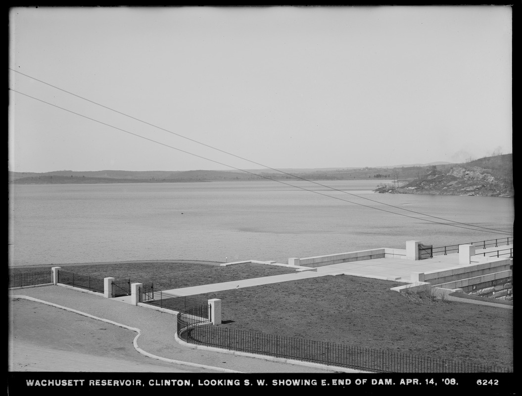 Wachusett Reservoir, view of reservoir showing east end of dam, looking