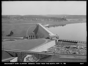 Wachusett Dam, general view of dam, from the north; with full reservoir, Railroad Bridge, Bastion, Waste Weir, Clinton, Mass., Apr. 14, 1908