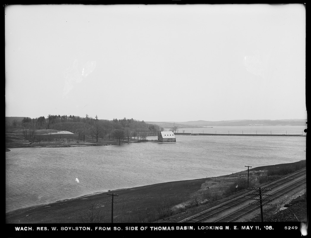 Wachusett Reservoir, view of reservoir from south side of Thomas Basin, looking northeast, West Boylston, Mass., May 11, 1908