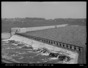 Wachusett Dam, dam, from the west, water flowing over Waste Weir, Clinton, Mass., May 12, 1908