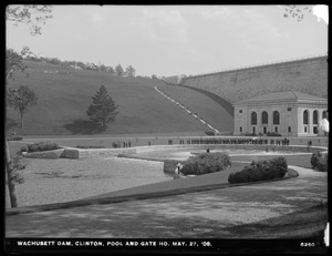 Wachusett Dam, pool and Lower Gatehouse, looking towards east hillside; visit by MWSB board members and officials of cities and towns in the Metropolitan Water District (approximately 120 people attended), Clinton, Mass., May 27, 1908