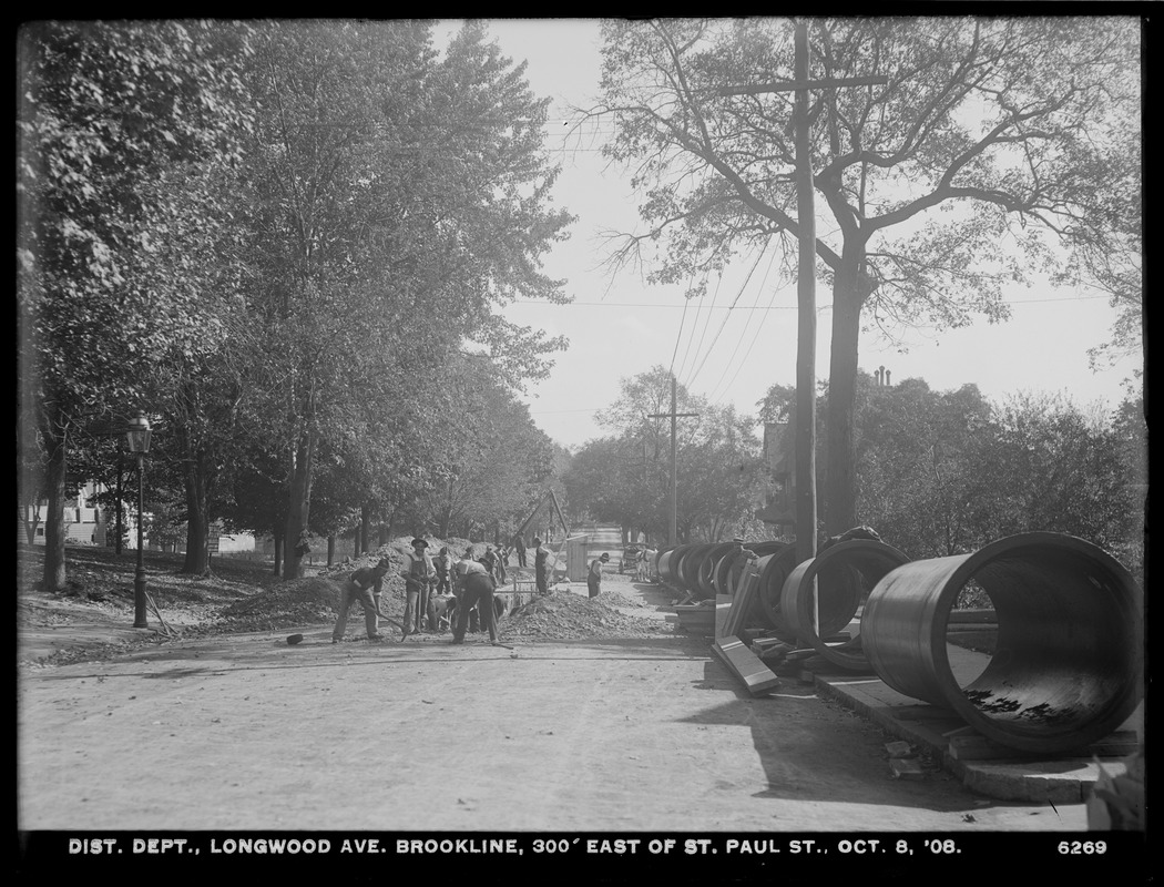 Distribution Department, Low Service Pipe Lines, 48-inch pipe, Longwood Avenue, 300 feet east of St. Paul Street, Brookline, Mass., Oct. 8, 1908