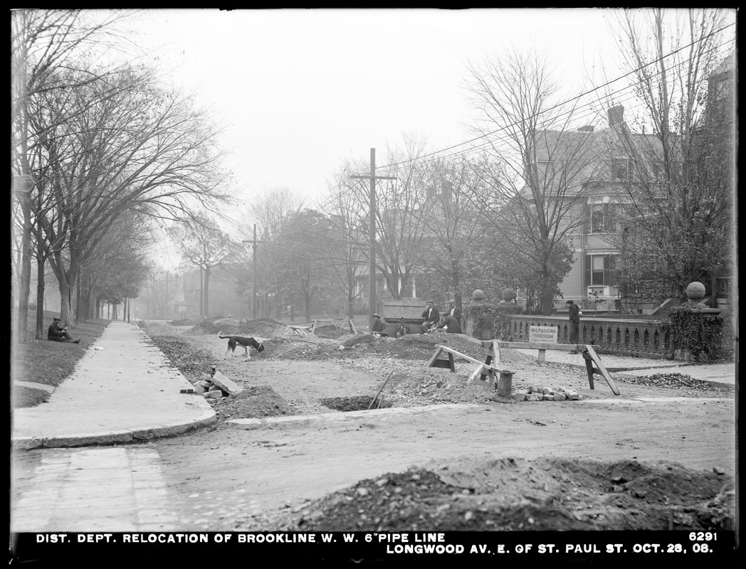 Distribution Department, Low Service Pipe Lines, 48-inch pipe, relocation of Brookline Water Works 6-inch pipe line in Longwood Avenue east of St. Paul Street, Brookline, Mass., Oct. 28, 1908