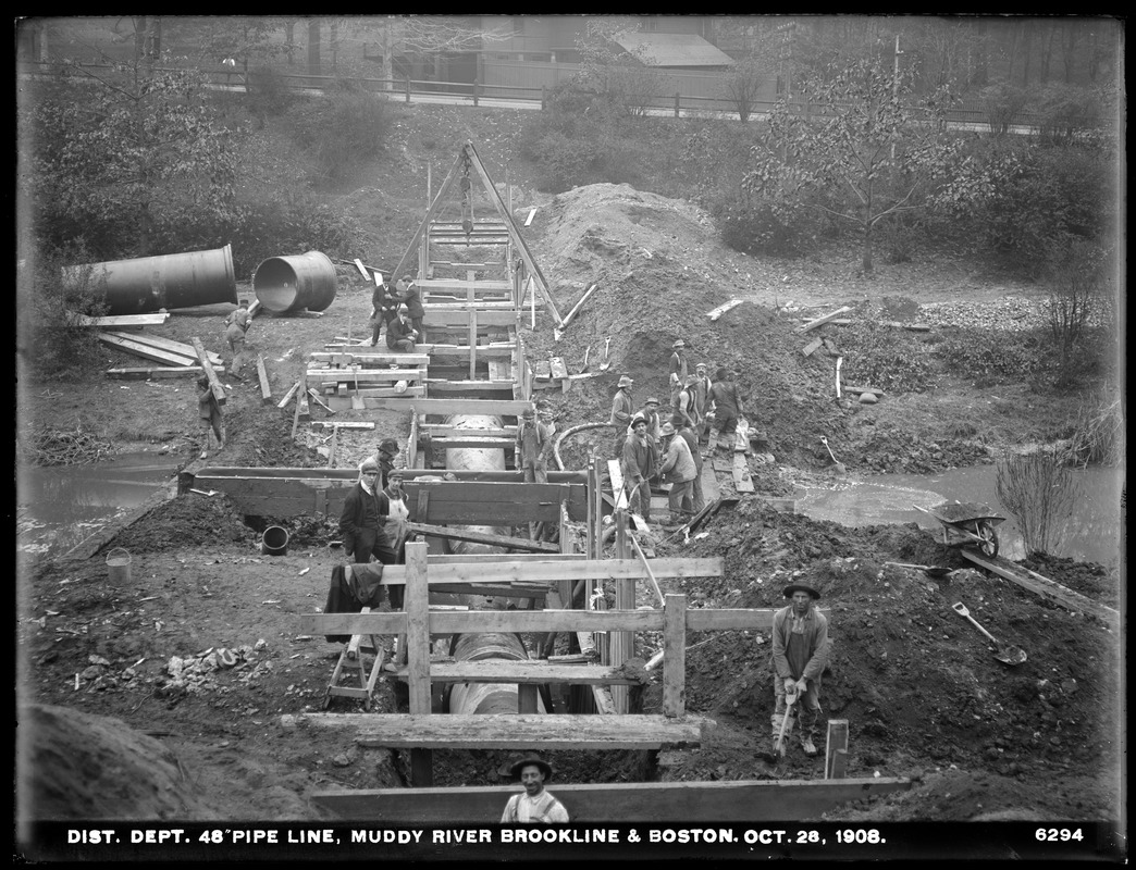 Distribution Department, Low Service Pipe Lines, 48-inch pipe, trench, Muddy River, Boston; Brookline, Mass., Oct. 28, 1908