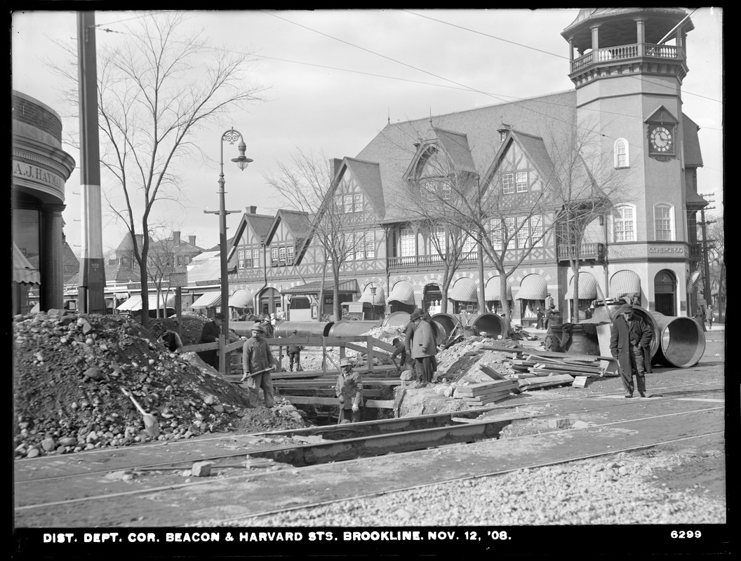 Distribution Department, Low Service Pipe Lines, 48-inch pipe, corner of Beacon and Harvard Streets, Brookline, Mass., Nov. 12, 1908