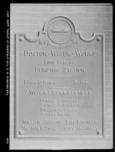 Distribution Department, Chestnut Hill High Service Pumping Station, tablet, Brighton, Mass., Nov. 17, 1908