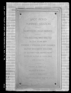 Distribution Department, Northern High Service Spot Pond Pumping Station, tablet, Stoneham, Mass., Nov. 17, 1908