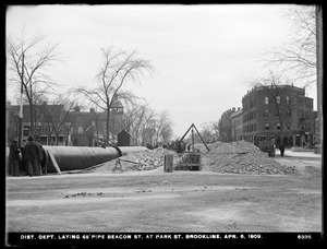 Distribution Department, Low Service Pipe Lines, 48-inch pipe, laying pipe, Beacon Street at Park Street, Brookline, Mass., Apr. 6, 1909
