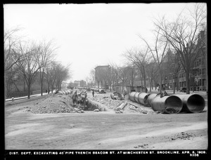 Distribution Department, Low Service Pipe Lines, 48-inch pipe, excavating trench, Beacon Street at Winchester Street, Brookline, Mass., Apr. 6, 1909