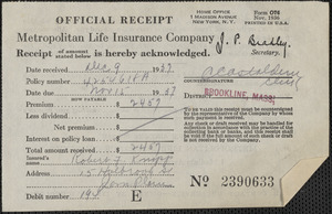 Receipt from Metropolitan Life Insurance Company for Robert F. Knapp, December 9, 1937