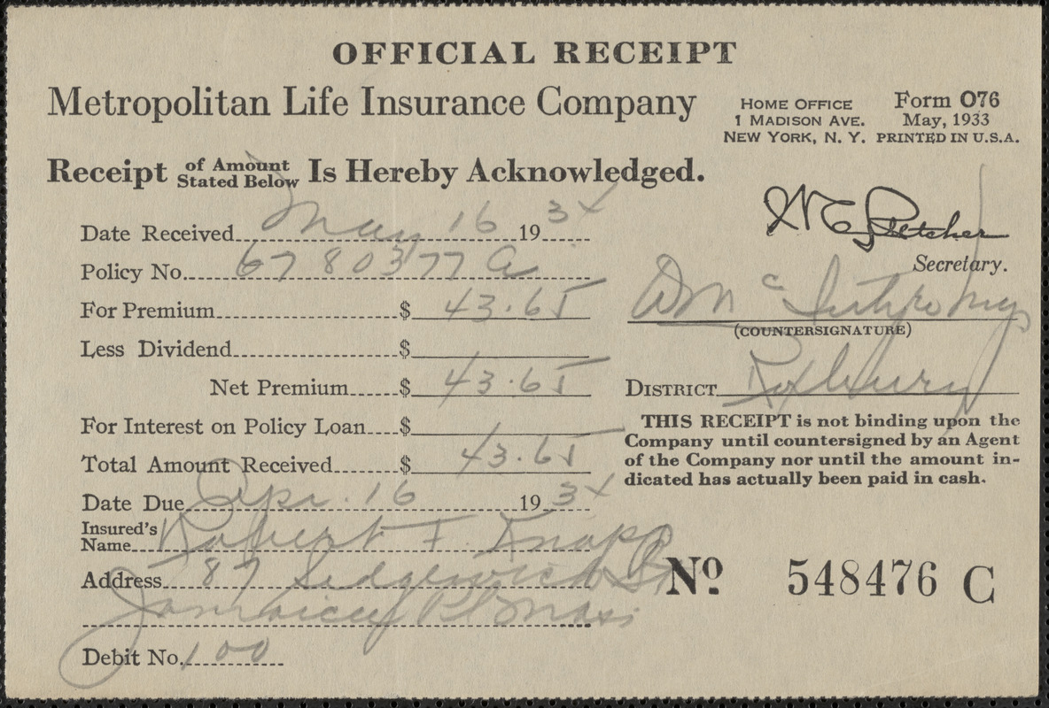 Receipt from Metropolitan Life Insurance Company for Robert F. Knapp