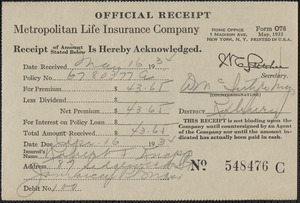 Receipt from Metropolitan Life Insurance Company for Robert F. Knapp, May 16, 1934