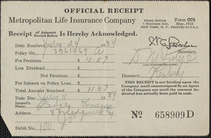 Receipt from Metropolitan Life Insurance Company for George Knapp, July 24, 1934