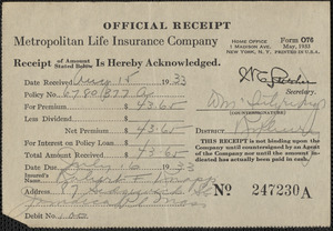 Receipt from Metropolitan Life Insurance Company for Robert F. Knapp, August 15, 1933