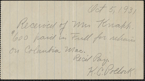 Receipt from K. C. Pollock receipt for Mr. Knapp, October 5, 1931