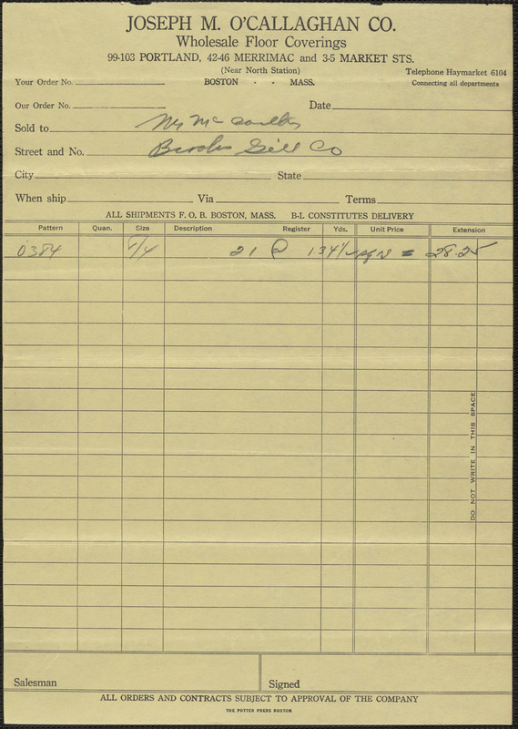 Receipt from Joseph M. O'Callaghan Co., wholesale floor coverings