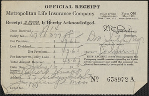 Receipt from Metropolitan Life Insurance Company for Robert F. Knapp, August 14, 1937[?]