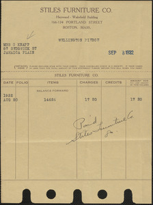 Receipt from Stiles Furniture Co. for Mrs. G. Knapp, August 20, 1932
