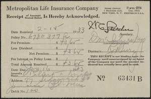 Receipt from Metropolitan Life Insurance Company for Robert F. Knapp, June 16, 1933