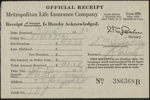 Receipt from Metropolitan Life Insurance Company for Robert F. Knapp, October 16, 1933