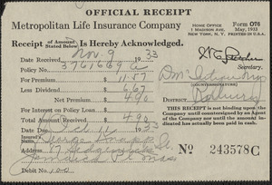 Receipt from Metropolitan Life Insurance Company for George Knapp, October 11, 1933