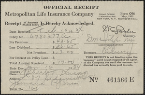 Receipt from Metropolitan Life Insurance Company for Robert F. Knapp, January 16, 1934