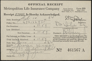 Receipt from Metropolitan Life Insurance Company for George Knapp, January 11, 1934