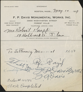 Receipt from F. P. Davis Monumental Works, Inc. for Mr. Robert Knapp, May 10, 1937
