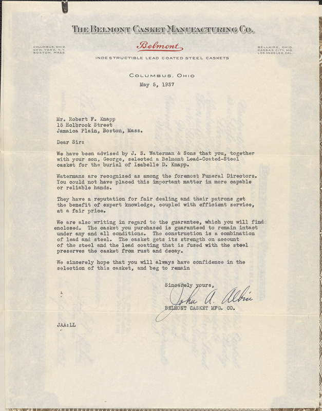 Letter and certificate from Belmont Casket Mfg. Co. to Mr. Robert F. Knapp, May 5, 1937