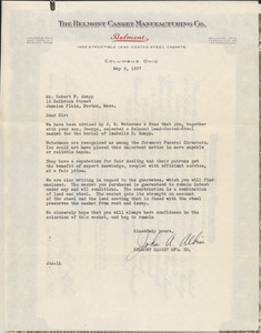 Letter and certificate from Belmont Casket Mfg. Co. to Mr. Robert F. Knapp, May 5, 1937