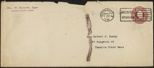 Envelope addressed to Mr. Robert F. Knapp, 87 Sedgwick St, Jamaica Plain Mass, from Geo. W. Kenyon, Agent, Jamaica Plain, Mass.