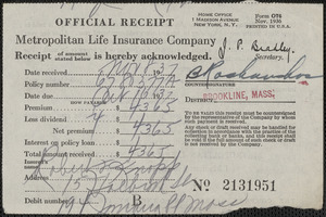 Receipt from Metropolitan Life Insurance Company for Robert F. Knapp, November 8, 1937