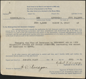 Policy amendment from Metropolitan Life Insurance Company for Robert F. Knapp, June 14, 1928